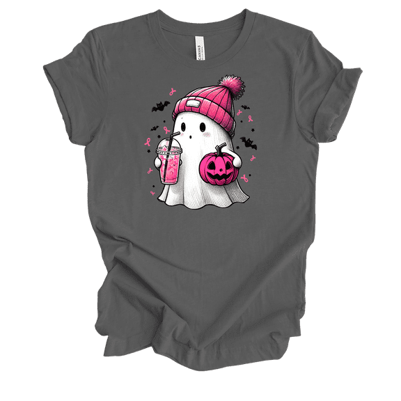 Trenz Shirt Company Women's Breast Cancer Cute Ghost Pumpkin Coffee Short Sleeve T-Shirt-Asphalt-Large