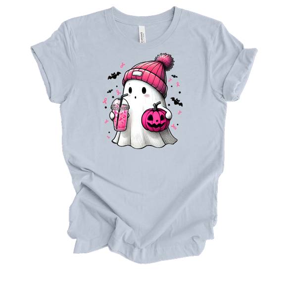 Trenz Shirt Company Women's Breast Cancer Cute Ghost Pumpkin Coffee Short Sleeve T-Shirt-Light Blue-Medium