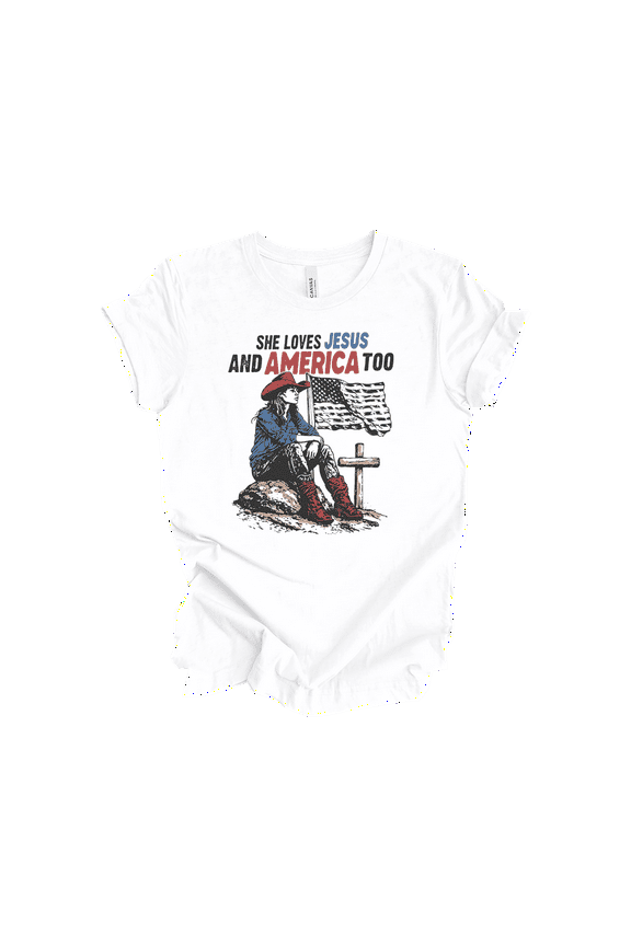 Women's Christian Patriotic Shirts - She Loves Jesus and America USA Flag Cross Short Sleeve T-Shirt, White-Large