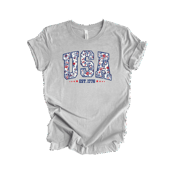 Trenz Shirt Company Women's Floral Print USA Since 1776 Stars Short Sleeve Tshirt - 4th of July Shirts, Womens Summer Tops, Athletic Grey-Medium