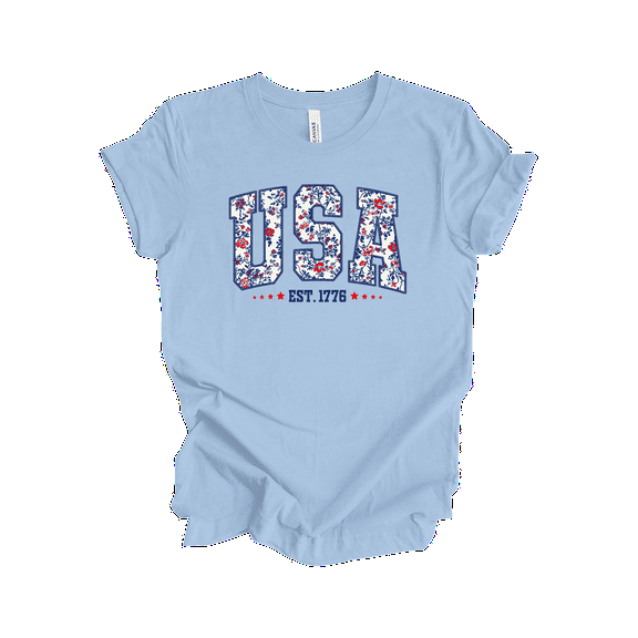 Trenz Shirt Company Women's Floral Print USA Since 1776 Stars Short Sleeve Tshirt - 4th of July Shirts, Womens Summer Tops, Baby Blue-Small