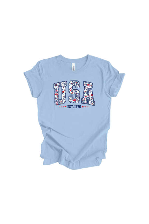 Women's Floral Print USA Since 1776 Stars Short Sleeve Tshirt - 4th of July Shirts, Womens Summer Tops, Baby Blue-X-Large