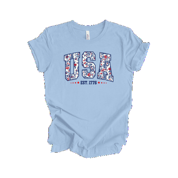 Trenz Shirt Company Women's Floral Print USA Since 1776 Stars Short Sleeve Tshirt - 4th of July Shirts, Womens Summer Tops, Baby Blue-X-Large