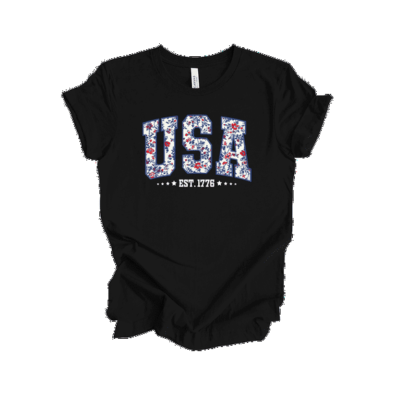 Trenz Shirt Company Women's Floral Print USA Since 1776 Stars Short Sleeve Tshirt - 4th of July Shirts, Womens Summer Tops, Black-3X-Large