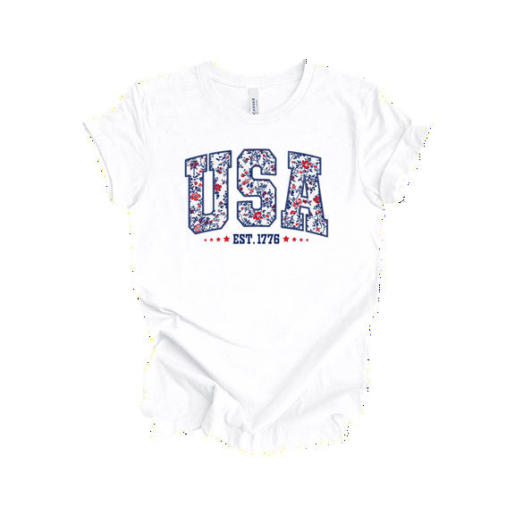 Trenz Shirt Company Women's Floral Print USA Since 1776 Stars Short Sleeve Tshirt - 4th of July Shirts, Womens Summer Tops, White-Small