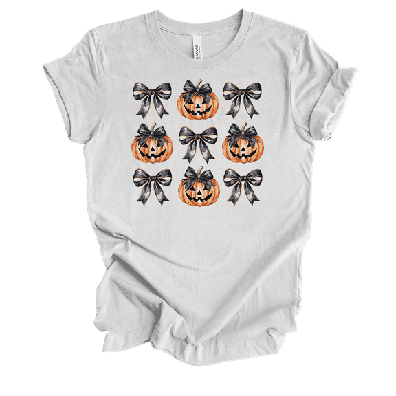 Trenz Shirt Company Women's Cute Halloween Pumpkins & Pink Bows Short Sleeve T-Shirt-Ash-Large