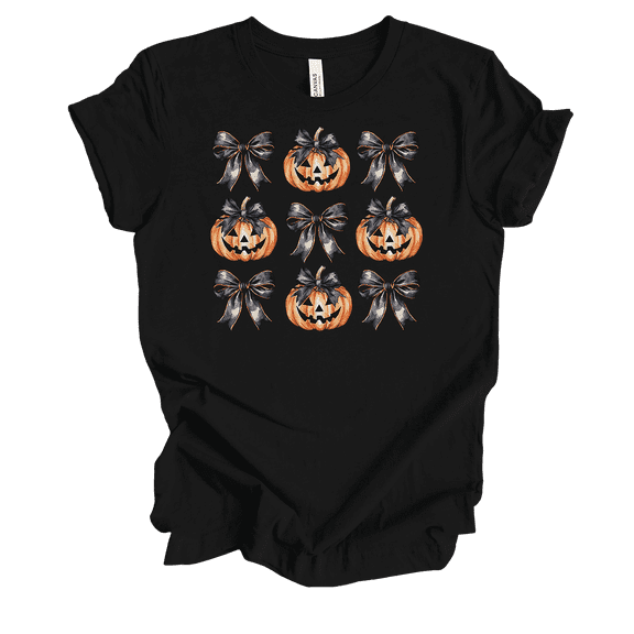 Trenz Shirt Company Women's Cute Halloween Pumpkins & Pink Bows Short Sleeve T-Shirt-Black-Large