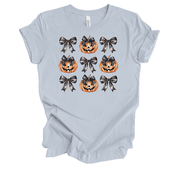 Trenz Shirt Company Women's Cute Halloween Pumpkins & Pink Bows Short Sleeve T-Shirt-Light Blue-Small