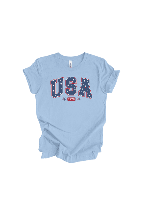 Women's Cute Patriotic Star Filled USA 1776 Label Short Sleeve T-Shirt - 4th of July Womens Tops, Baby Blue-3X-Large