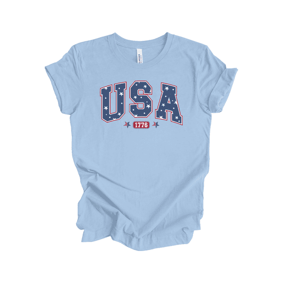 Trenz Shirt Company Women's Cute Patriotic Star Filled USA 1776 Label Short Sleeve T-Shirt - 4th of July Womens Tops, Baby Blue-XX-Large