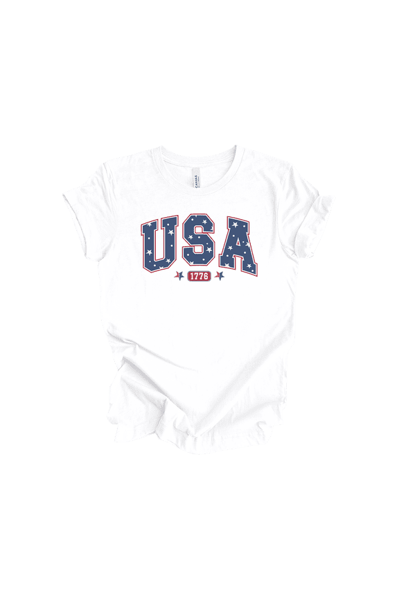 Women's Cute Patriotic Star Filled USA 1776 Label Short Sleeve T-Shirt - 4th of July Womens Tops, White-X-Large