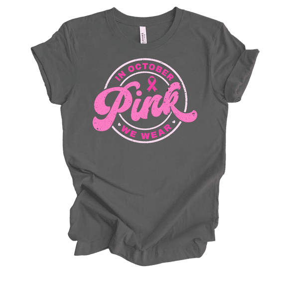 Trenz Shirt Company Women's Distressed We Wear Pink In October Circle Short Sleeve T-Shirt-Asphalt-X-Large