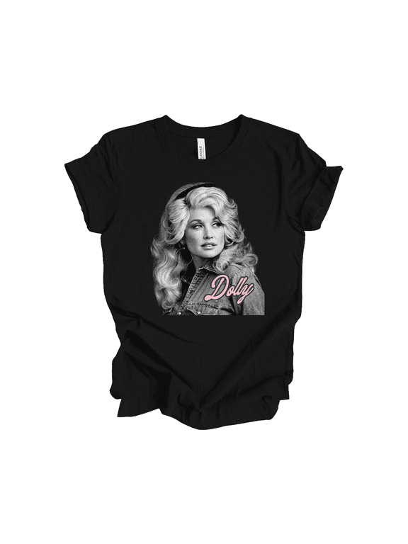Women's Dolly Portrait Short Sleeve T-Shirt – Vintage Photo & Pink Script Tee-Black-X-Large