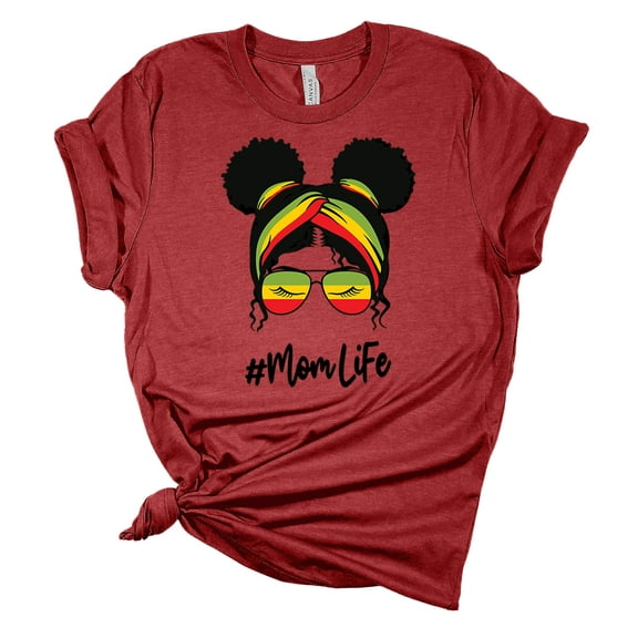Trenz Shirt Company Women's Double Bun Mom Life Short Sleeve Graphic T-Shirt, Heather Red-Medium