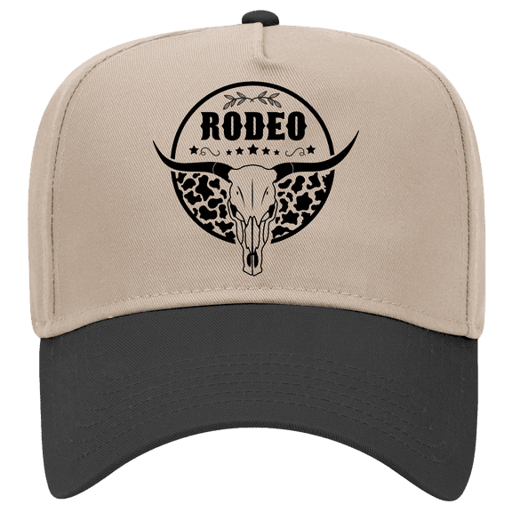 Trenz Shirt Company Women's Embroidered Otto Cap 5 Panel Mid Profile Baseball Cap - Circular Rodeo, Bull Skull Cow Print, Khaki/Black