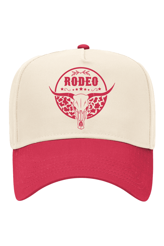 Women's Embroidered Otto Cap 5 Panel Mid Profile Baseball Cap - Circular Rodeo, Bull Skull Cow Print, Natural/Red
