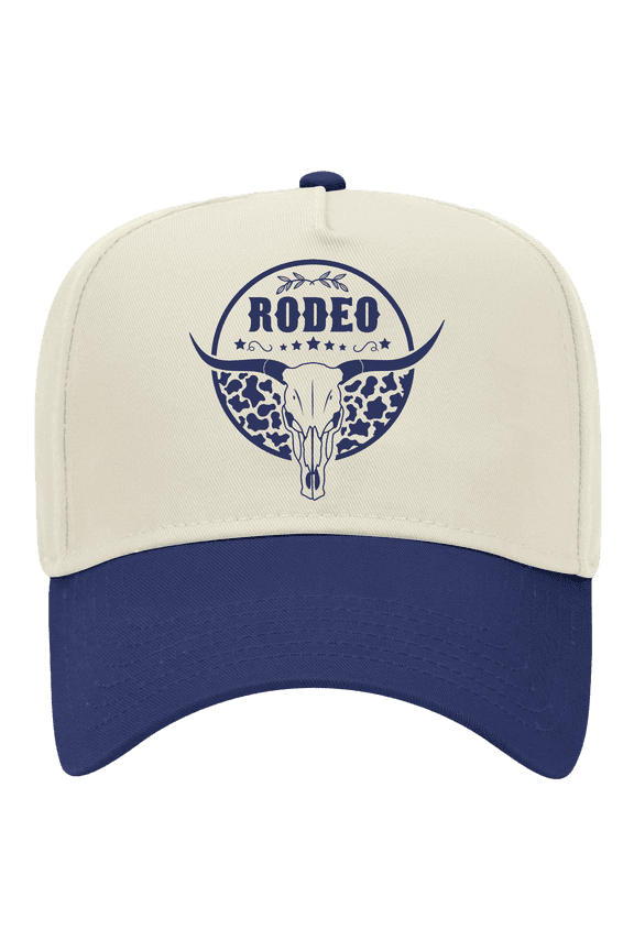 Women's Embroidered Otto Cap 5 Panel Mid Profile Baseball Cap - Circular Rodeo, Bull Skull Cow Print, Natural/Royal