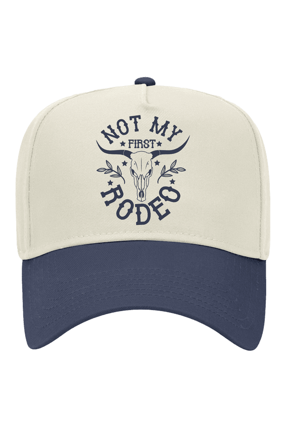 Women's Embroidered Otto Cap 5 Panel Mid Profile Baseball Cap - Not my First Rodeo, Bull Skull, Natural/Navy