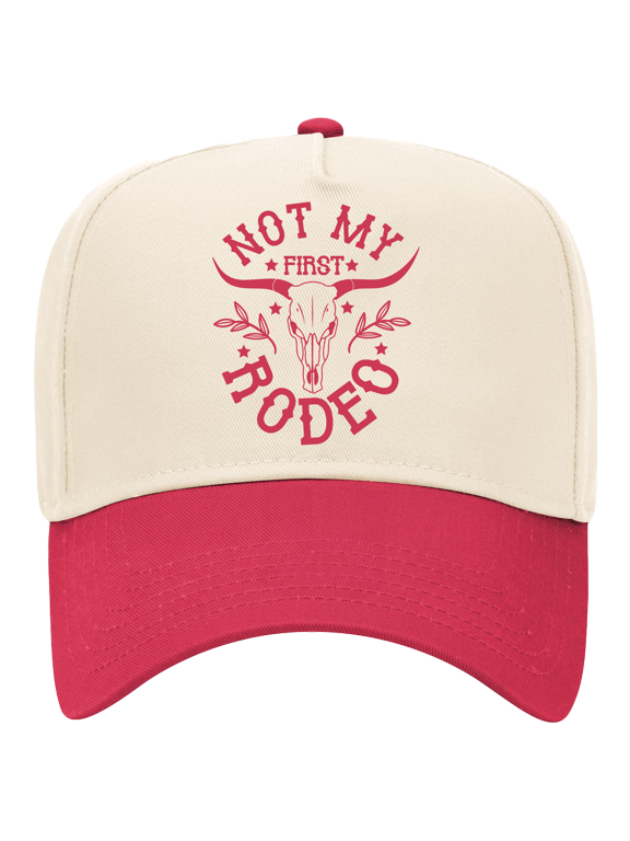 Women's Embroidered Otto Cap 5 Panel Mid Profile Baseball Cap - Not my First Rodeo, Bull Skull, Natural/Red