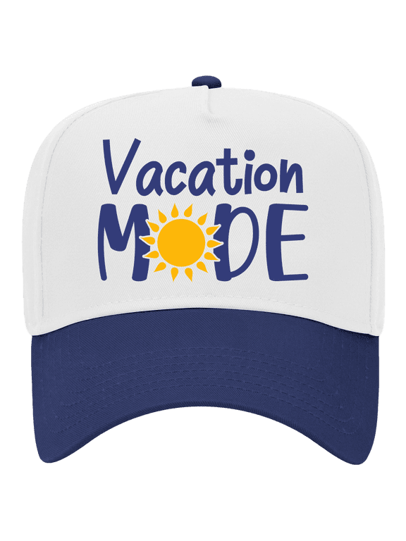 Women's Embroidered Otto Cap 5 Panel Mid Profile Baseball Cap - Sunshine, Vacation Made Design, White/Royal