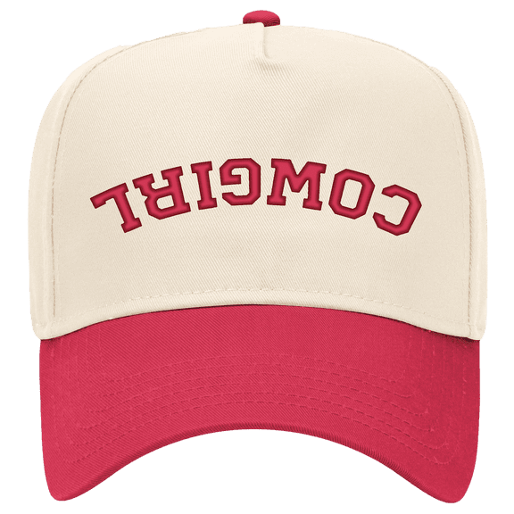 Trenz Shirt Company Women's Embroidered Otto Cap 5 Panel Mid Profile Baseball Cap - Upside Down Cowgirl, Natural/Red