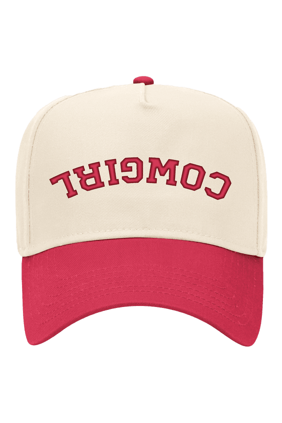 Women's Embroidered Otto Cap 5 Panel Mid Profile Baseball Cap - Upside Down Cowgirl, Natural/Red