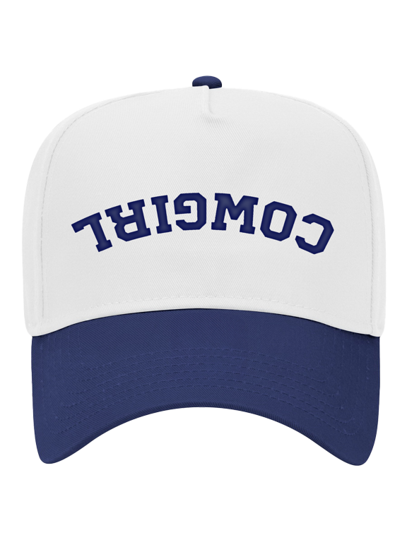 Women's Embroidered Otto Cap 5 Panel Mid Profile Baseball Cap - Upside Down Cowgirl, White/Royal