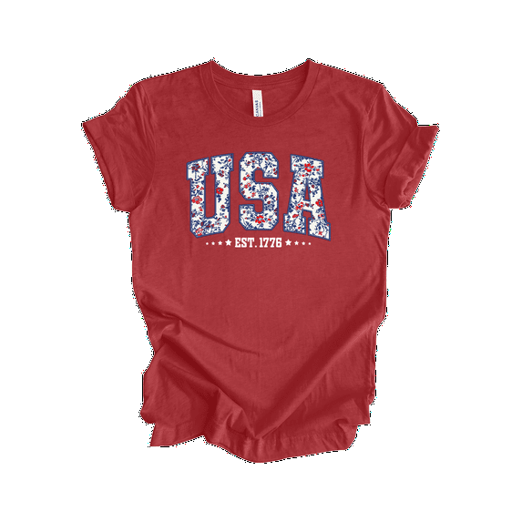 Trenz Shirt Company Women's Floral Print USA Since 1776 Stars Short Sleeve Tshirt - 4th of July Shirts, Womens Summer Tops, Heather Canvas Red-3X-Large