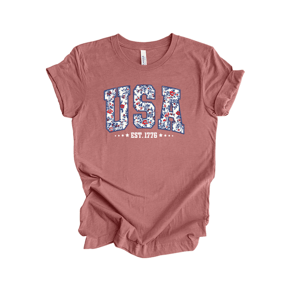 Trenz Shirt Company Women's Floral Print USA Since 1776 Stars Short Sleeve Tshirt - 4th of July Shirts, Womens Summer Tops, Heather Mauve-Medium