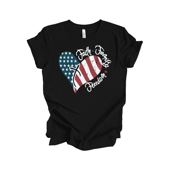 Trenz Shirt Company Women’s Fourth of July Graphic T-Shirt - Friends, Family, and Freedom American Flag Heart Design-Black-small