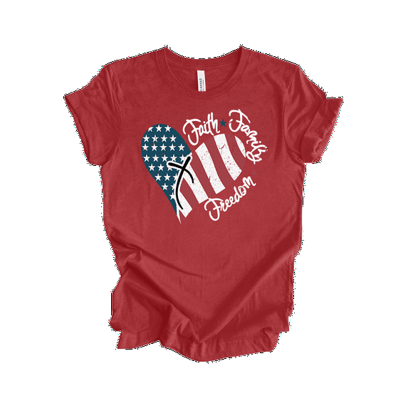 Trenz Shirt Company Women’s Fourth of July Graphic T-Shirt - Friends, Family, and Freedom American Flag Heart Design-Heather Red-medium