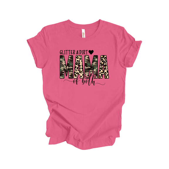 Trenz Shirt Company Women's Glitter And Dirt Mom Of Both Camo Cheetah Print Short Sleeve T-Shirt - Cute Mother's Day Shirt, Mothers Day Shirts For Women, Mother's Day Shirt Gift,Charity Pink-Large