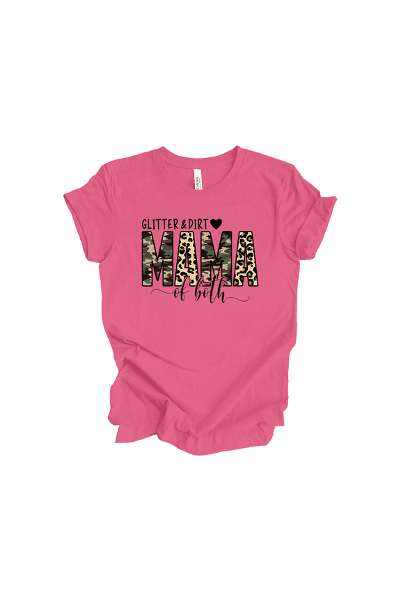 Women's Glitter And Dirt Mom Of Both Camo Cheetah Print Short Sleeve T-Shirt - Cute Mother's Day Shirt, Mothers Day Shirts For Women, Mother's Day Shirt Gift,Charity Pink-Large
