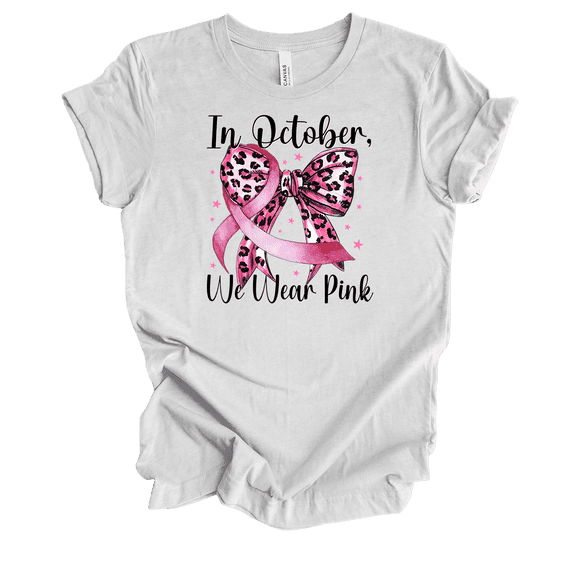 Trenz Shirt Company Women's In October We Wear Pink Cheetah Bow Short Sleeve T-Shirt-Ash-Small