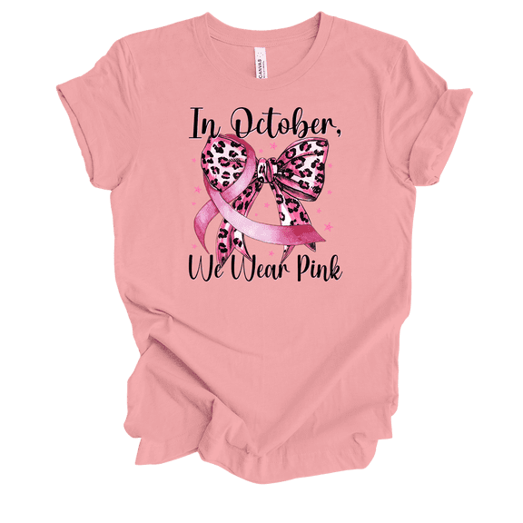 Trenz Shirt Company Women's In October We Wear Pink Cheetah Bow Short Sleeve T-Shirt-Pink-4X-Large