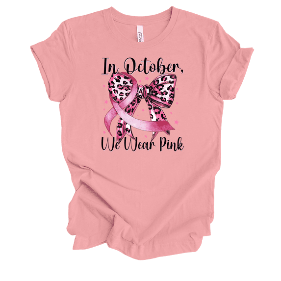 Trenz Shirt Company Women's In October We Wear Pink Cheetah Bow Short Sleeve T-Shirt-Pink-X-Large