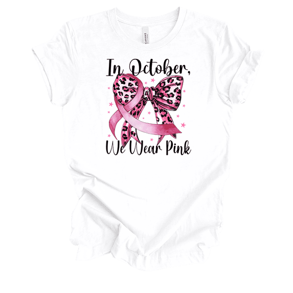 Trenz Shirt Company Women's In October We Wear Pink Cheetah Bow Short Sleeve T-Shirt-White-X-Large