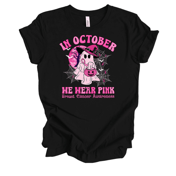 Trenz Shirt Company Women's In October We Wear Pink Cute Ghost Webs Short Sleeve T-Shirt-Black-Small