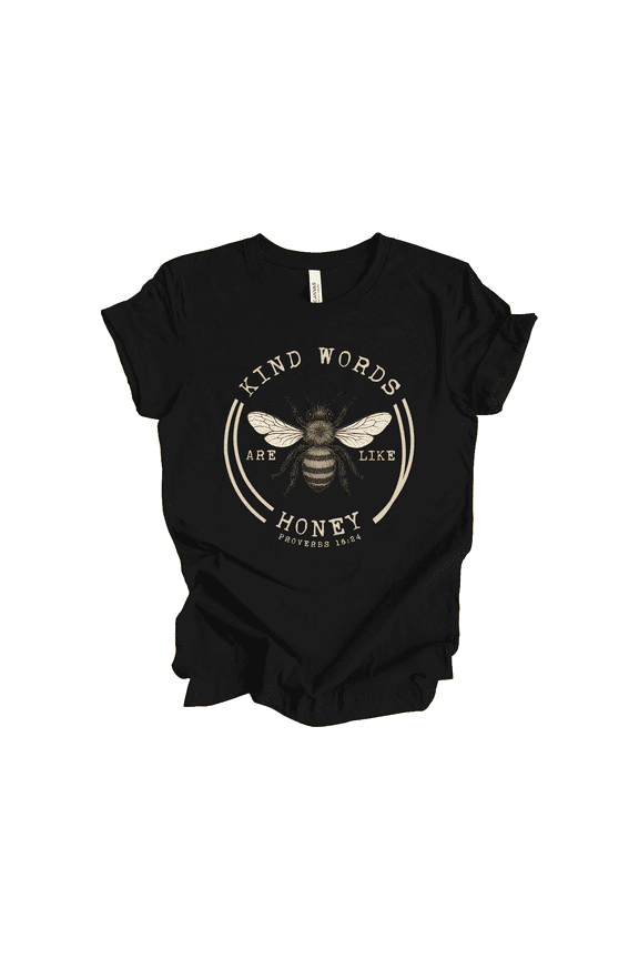 Women’s “Kind Words Are Like Honey” Proverbs 16:24 Graphic Tee - Faith-Based Christian Honeybee Design-Black-Large