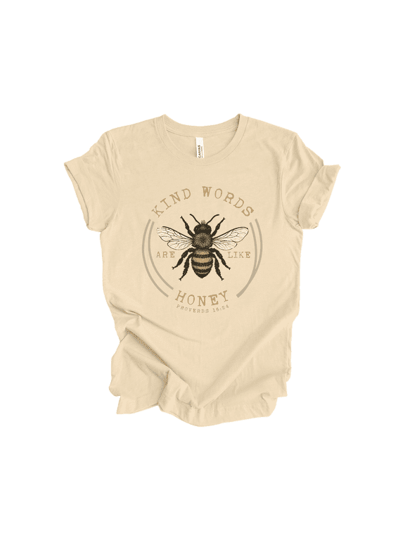 Women’s “Kind Words Are Like Honey” Proverbs 16:24 Graphic Tee - Faith-Based Christian Honeybee Design-Soft Cream-Large