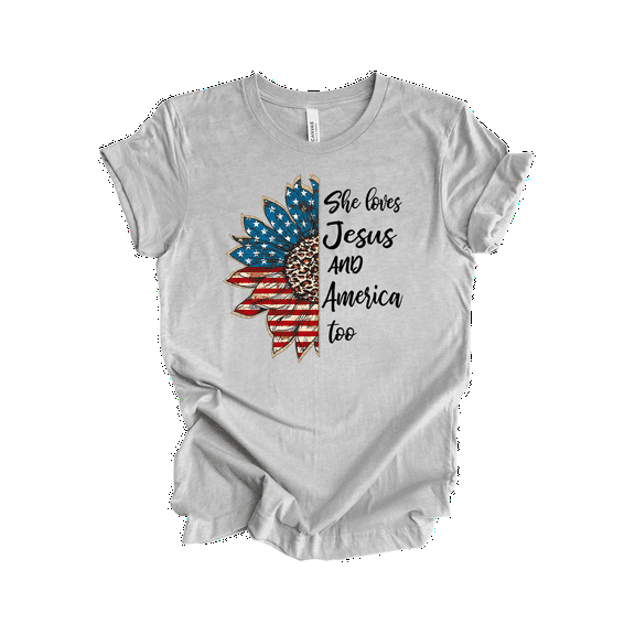 Trenz Shirt Company Women's Patriotic Sunflower She Loves Jesus And America Too Short Sleeve Tshirt - USA Shirts For Women-Athletic Grey-Large