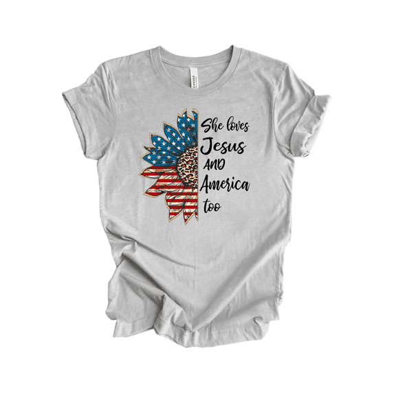 Trenz Shirt Company Women's Patriotic Sunflower She Loves Jesus And America Too Short Sleeve Tshirt - USA Shirts For Women-Athletic Grey-Small