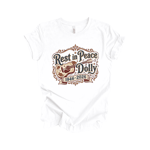 Trenz Shirt Company Women's Rest in Peace Dolly 1946-2026 Memorial T-Shirt - Vintage Country Music Legend Guitar-White-Small