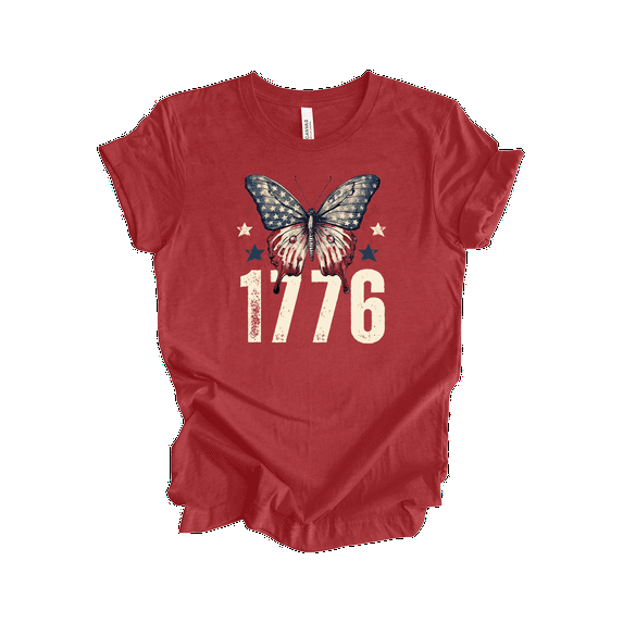 Trenz Shirt Company Women's Retro American 1776 Butterfly Short Sleeve T-Shirt - 4th of July Vintage Tees for Women-Heather Canvas Red-Medium