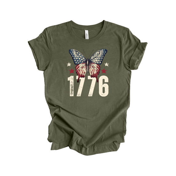 Trenz Shirt Company Women's Retro American 1776 Butterfly Short Sleeve T-Shirt - 4th of July Vintage Tees for Women-Heather Military-4X-Large
