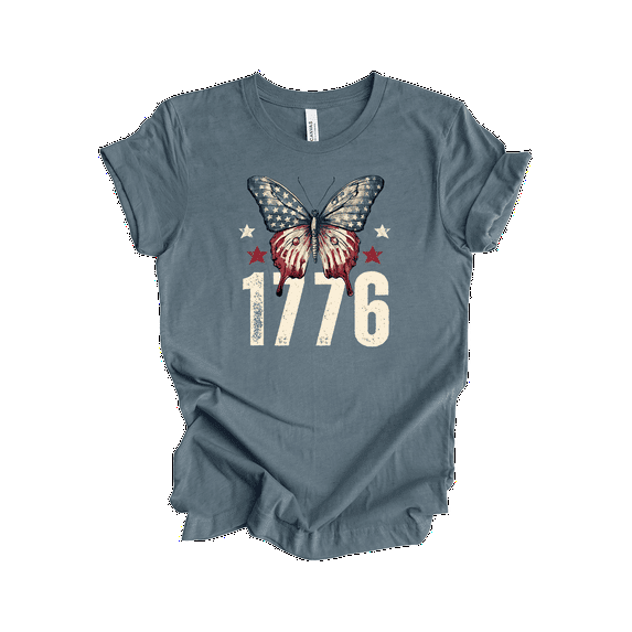 Trenz Shirt Company Women's Retro American 1776 Butterfly Short Sleeve T-Shirt - 4th of July Vintage Tees for Women-Heather Slate-Medium