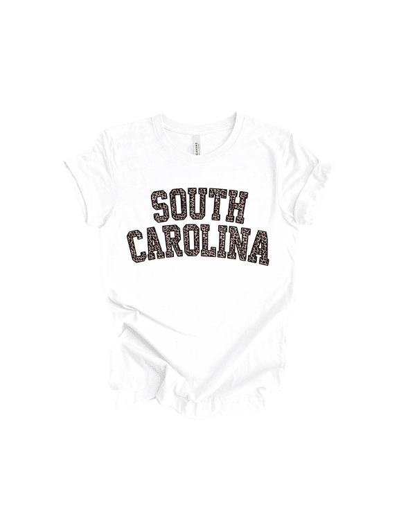 Women's South Carolina Football Leopard Print Short Sleeve T-Shirt Graphic Tee-White-X-Large