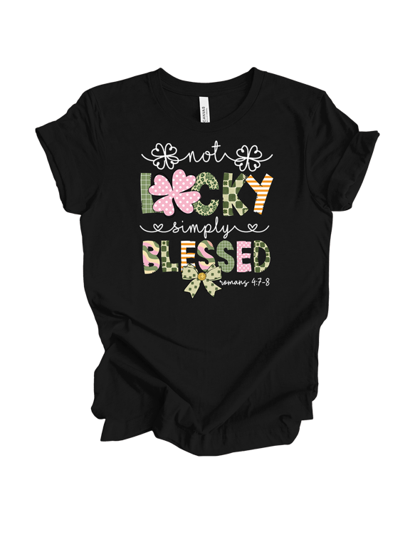 Women's St. Patrick Not Lucky Simply Blessed Short Sleeve T-Shirt-Black-Small