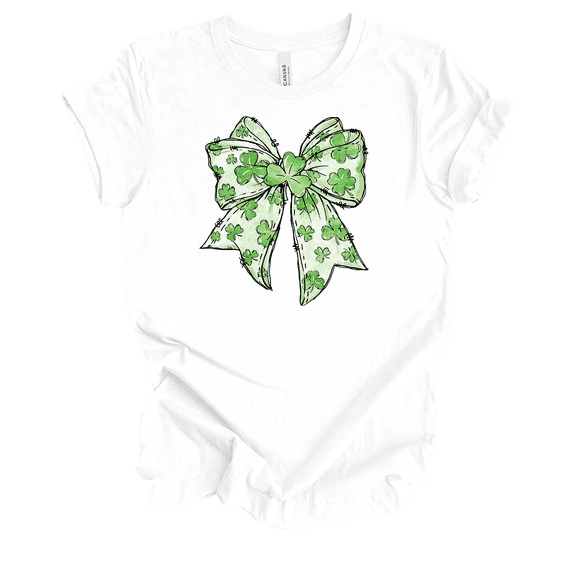 Trenz Shirt Company Women's St. Patrick's Day Green Clover Ditsy Bow Short Sleeve T-Shirt-White-Medium