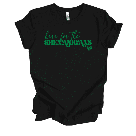 Trenz Shirt Company Women's St. Patrick's Day Here For The Shenanigans Short Sleeve T-Shirt-Black-XX-Large